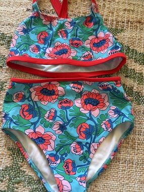 Mini Boden Girls Floral Two-Piece Swimsuit in Aqua, Coral, Pink & Blue